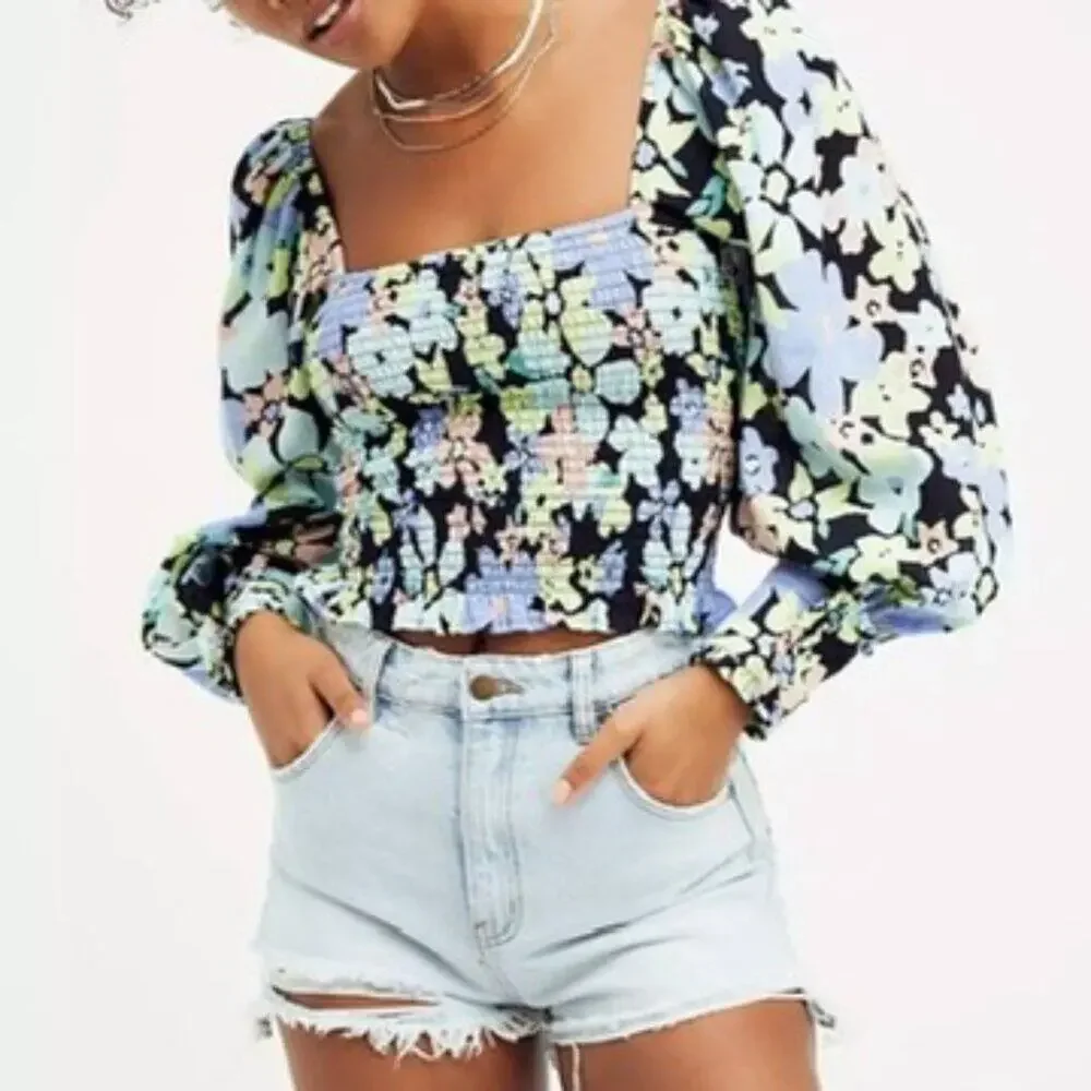Free People Ariana Floral Printed Smocked Bodice Blouse Women S Black Multi Boho